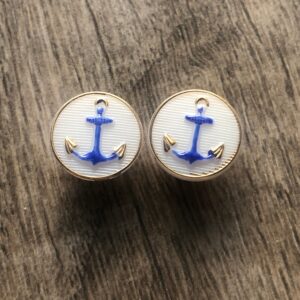 White Blue Gold Anchor Button, 2 Buttons, 13mm Czech Glass Button