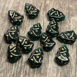 Czech Glass Christmas Tree Beads Green and Gold, 16mm, 8 beads