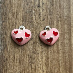 Silver Enamel Pink and Red Heart Charm 11mm