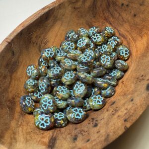 Alternative view of Amber Travertine & Light Blue Shamrock Oval Czech Glass 10mm, Clover Bead, 15 beads