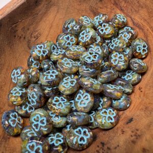 Amber Travertine & Light Blue Shamrock Oval Czech Glass 10mm, Clover Bead, 15 beads