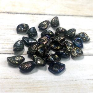 Jet Black Metallic Iridescent Leaf 25 Beads 14mm