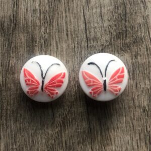 Czech Glass Button Butterfly Red/White, glass shank, 2 buttons 13mm or 18mm