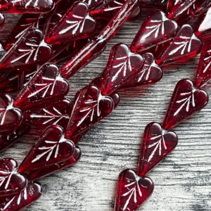 Alternative view of Czech Glass Engraved Heart | Transparent Red and Silver | Valentine's Day | 16mm 9 Beads