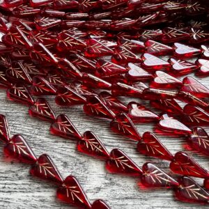 Alternative view of Czech Glass Engraved Heart | Transparent Red and Gold | Valentine's Day | 16mm 8 Beads
