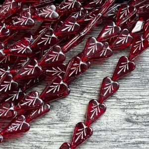 Czech Glass Engraved Heart | Transparent Red and Silver | Valentine's Day | 16mm 9 Beads