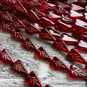 Czech Glass Engraved Heart | Transparent Red and Gold | Valentine's Day | 16mm 8 Beads