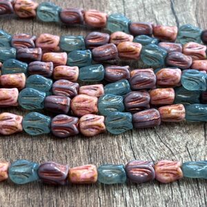 Tulip Flower Bead Mix, Aqua Opal, Pink Travertine, Lavender Antique Gold, 20 Beads, 9mm x 7mm