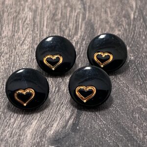 Black with Gold Heart Button, 4 Buttons, 13mm, Czech Glass Button