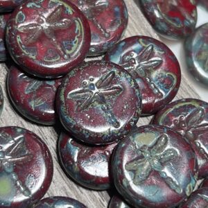 Red Picasso Czech Glass Dragonfly Bead, 17mm, 8 Beads