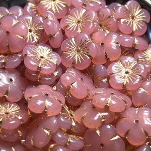 Pink Opal and Gold Flower, Czech Glass Bead, 14mm, 10 beads - Image 3