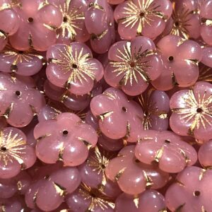 Pink Opal and Gold Flower, Czech Glass Bead, 14mm, 10 beads