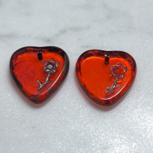 Alternative view of 17x16mm Transparent Orange Travertine Table Cut Engraved Flower Czech Glass Heart Pendant/Charm 2 pcs.