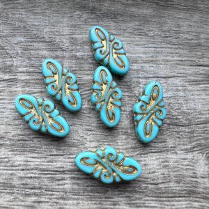 Czech Glass Beads - Arabesque Bead - Turquoise Gold Wash - 19x10mm - 6 pcs