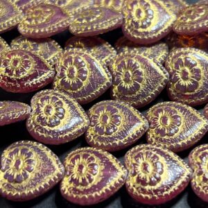 Pink Opal/Gold Victorian Heart Czech Glass Bead