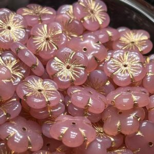 Alternative view of Pink Opal and Gold Flower, Czech Glass Bead, 14mm, 10 beads