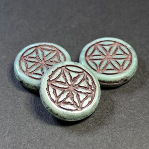 Flower Of Life Coin - Czech Glass - Blue Green - Picasso Finish - Brown Wash - 18mm - 2 Beads