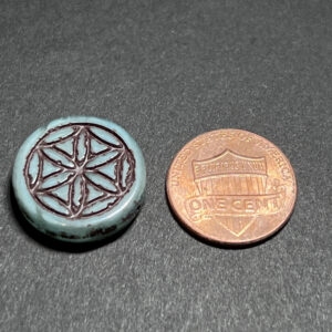 Alternative view of Flower Of Life Coin - Czech Glass - Blue Green - Picasso Finish - Brown Wash - 18mm - 2 Beads