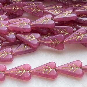 Alternative view of Czech Glass Engraved Heart Pink Opal and Gold Valentine's Day 16mm 8 Beads