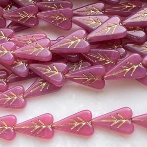 Czech Glass Engraved Heart Pink Opal and Gold Valentine's Day 16mm 8 Beads