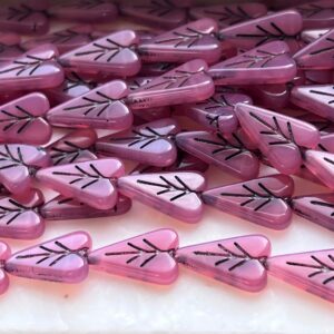 Alternative view of Czech Glass Engraved Heart Pink Opal and Black Valentine's Day 16mm 8 Beads