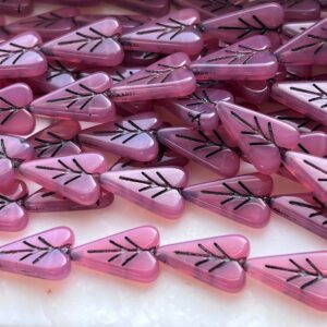 Czech Glass Engraved Heart Pink Opal and Black Valentine's Day 16mm 8 Beads