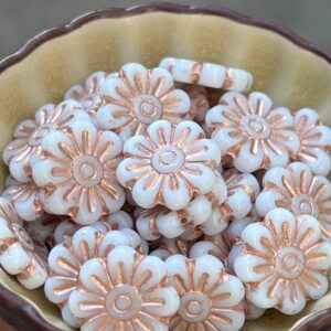 Alternative view of White and Copper Daisy Flower Czech Glass Bead, 18mm, 6 beads