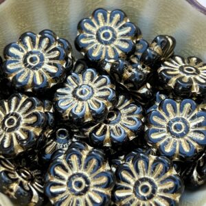 Black and Gold Daisy Flower Czech Glass Bead, 18mm, 6 beads