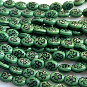 Green and Black Shamrock Czech Glass 10mm, Clover Bead, 15 beads