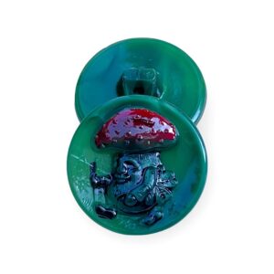 Vintage Green/Red/Black Mushroom Man Czech Glass Button, Glass Shank, 22mm