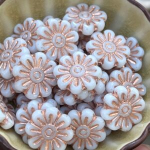 White and Copper Daisy Flower Czech Glass Bead, 18mm, 6 beads