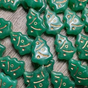Czech Glass Christmas Tree Beads Green Opal and Gold, 16mm, 8 beads - Image 4