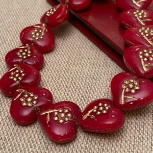 Alternative view of Red Heart with Engraved Gold Flower Czech Glass Bead 18mm x 17mm 6 Beads