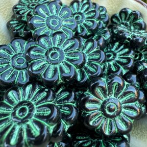 Alternative view of Black and Green Daisy Flower Czech Glass Bead, 18mm, 6 beads