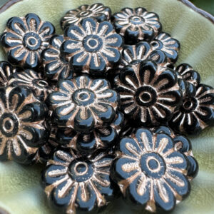 Black and Copper Daisy Flower Czech Glass Bead, 18mm, 6 beads
