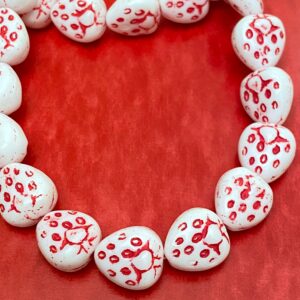 White and Dark Pink Strawberry Czech Glass Bead 6 Beads 14mm