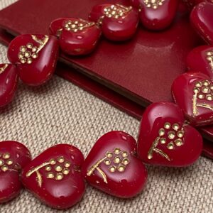 Red Heart with Engraved Gold Flower Czech Glass Bead 18mm x 17mm 6 Beads