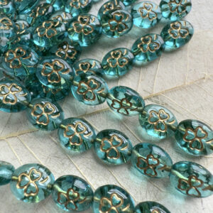 Transparent Aqua and Gold Shamrock Czech Glass 10mm, Clover Bead, 15 beads