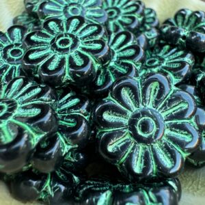 Black and Green Daisy Flower Czech Glass Bead, 18mm, 6 beads