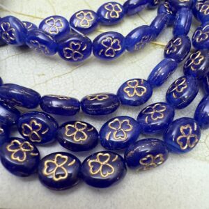 Sapphire/White Gold Wash Shamrock Czech Glass 10mm, Clover Bead, 15 beads