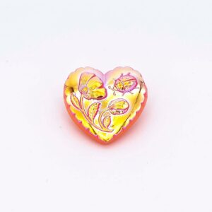 Vintage Czech Glass Button, Orange AB Heart, glass shank, 20mm