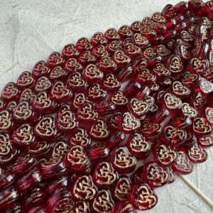 Vintage Transparent Siam Gold Wash Celtic Heart Czech Glass Bead, 8mm, 25 beads