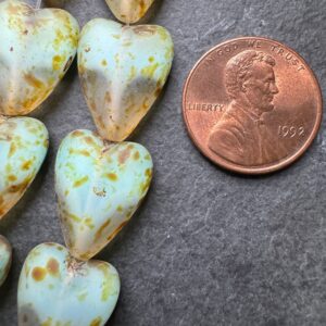 Alternative view of Czech Glass Heart Bead Matte Crystal and Aqua Picasso Finish, 6 Beads, 13mm x 16mm