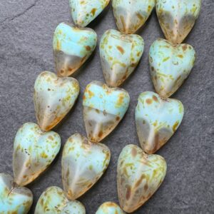 Czech Glass Heart Bead Matte Crystal and Aqua Picasso Finish, 6 Beads, 13mm x 16mm