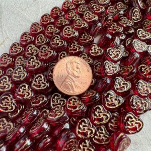 Alternative view of Vintage Transparent Siam Gold Wash Celtic Heart Czech Glass Bead, 8mm, 25 beads