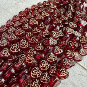 Vintage Transparent Siam Gold Wash Celtic Heart Czech Glass Bead, 8mm, 25 beads - Image 3