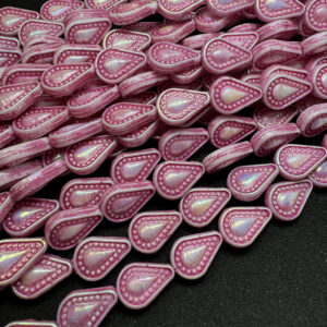 White Pink Wash Iridescent Filigree Tear Drop Czech Glass Bead, 14mm x 10mm, 10 beads