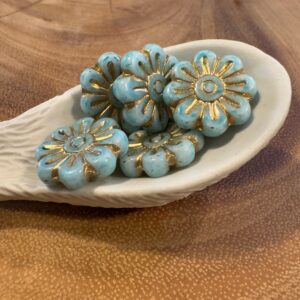 Light Blue Gold Wash Flower Daisy Czech Glass Bead, 18mm, 6 beads