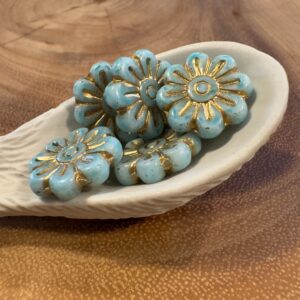 Alternative view of Light Blue Gold Wash Flower Daisy Czech Glass Bead, 18mm, 6 beads