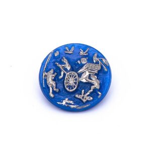 Vintage Czech Glass Statement Button, Frogs Courting, Blue Moonglow Silver Wash, 23mm